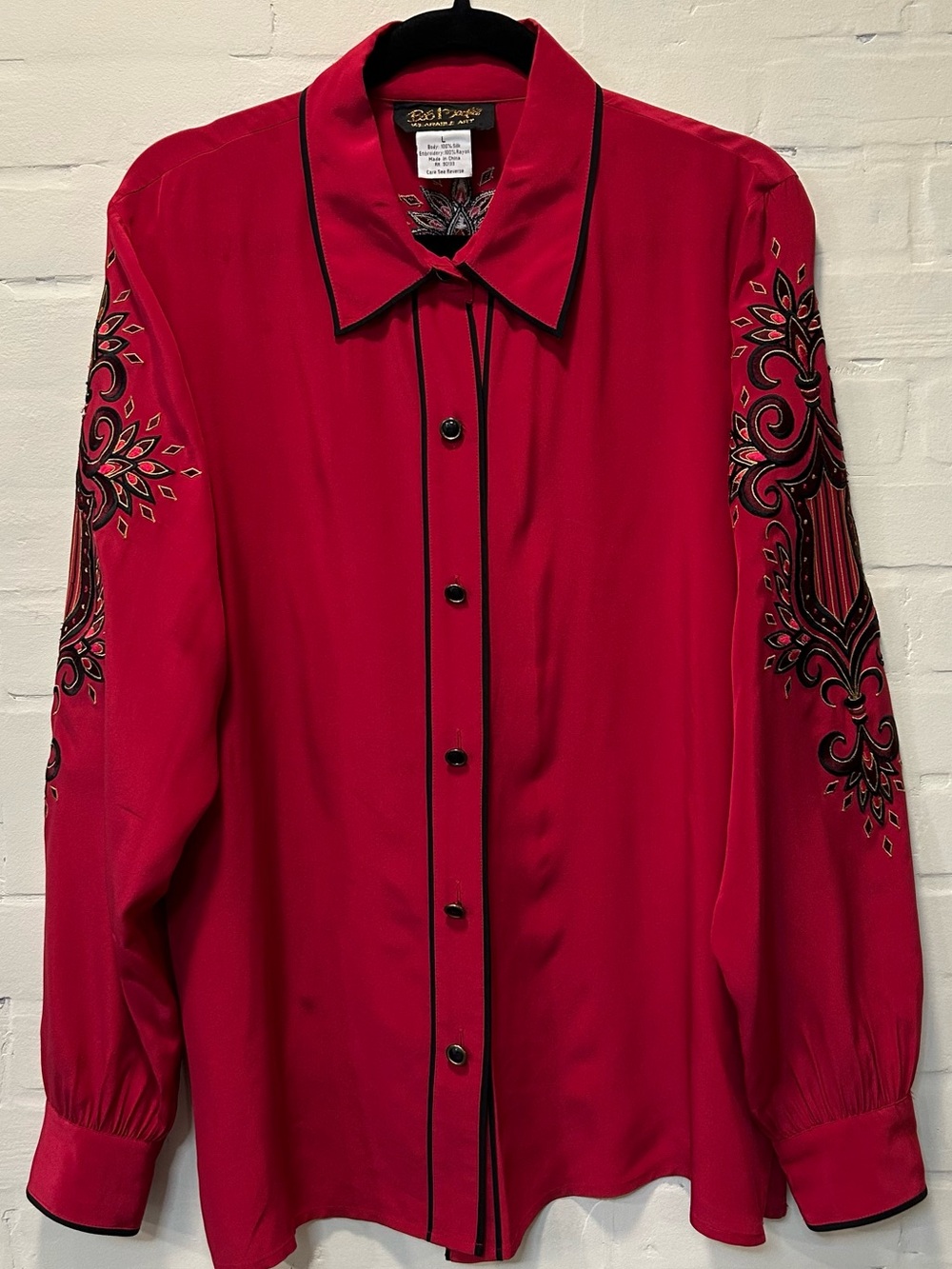 Vintage Bob Mackie Wearable Art Red 100% Silk Embroidered Blouse L Western Glam